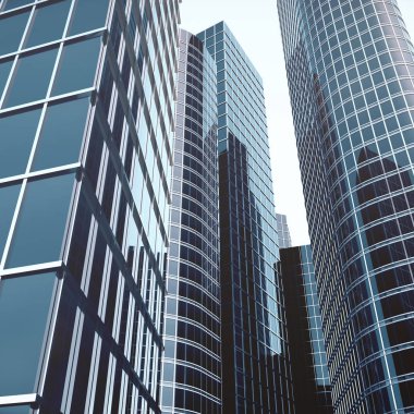 Gökdelenler mavi cam, yüksek bina, gökdelenler, iş kavramı başarılı endüstriyel mimari ayağa kalkın. 3D render