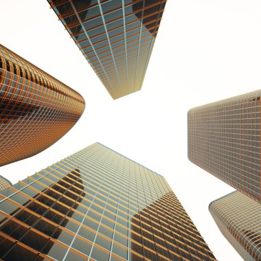Alt görünümü içinde ışık gün batımında akşam iş bölgesinde modern gökdelenlerin. Endüstriyel mimari, iş inşaat ve Emlak mali kavramı. 3D render