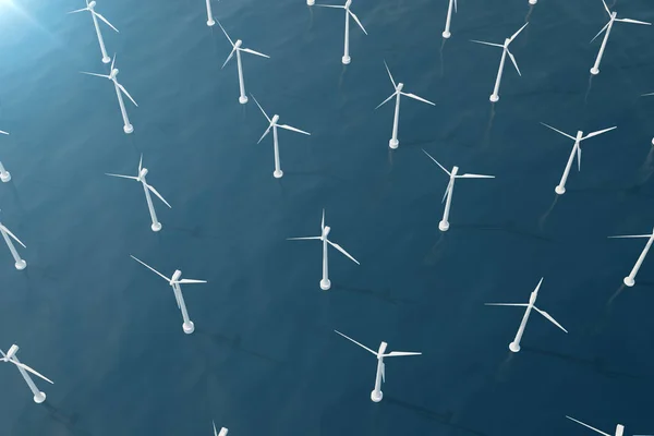 Offshore luchtfoto van windturbines in de zee. Schone energie, ecologische concept. 3D-rendering — Stockfoto