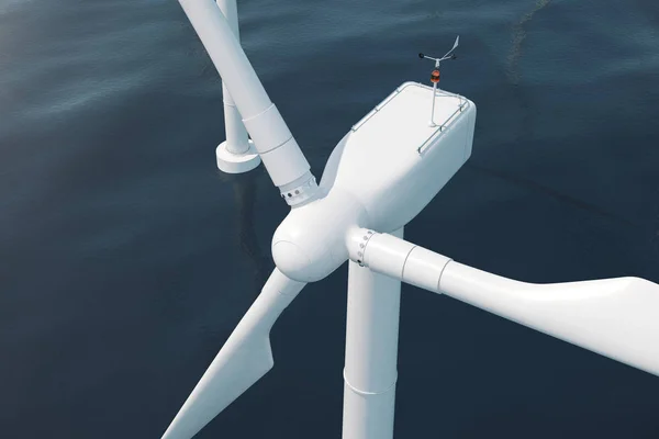 Mooie de windturbines in zee, Oceaan. Schone energie, windenergie, ecologische concept. 3D-rendering — Stockfoto