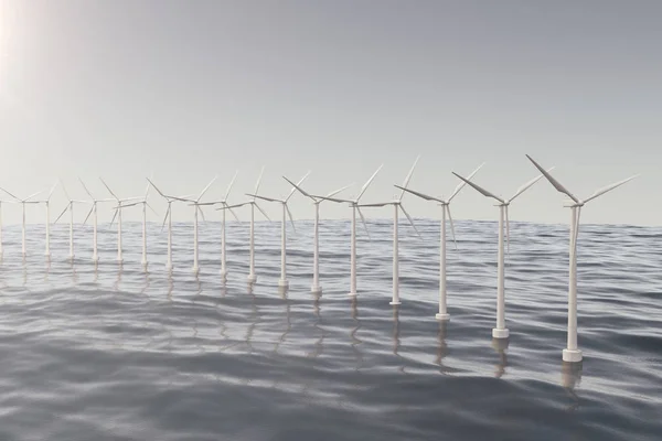 Λευκό ανεμογεννήτρια παράγει ηλεκτρική ενέργεια στη θάλασσα, στον ωκεανό. Καθαρή ενέργεια, αιολική ενέργεια, οικολογική αντίληψη. 3D rendering — Φωτογραφία Αρχείου