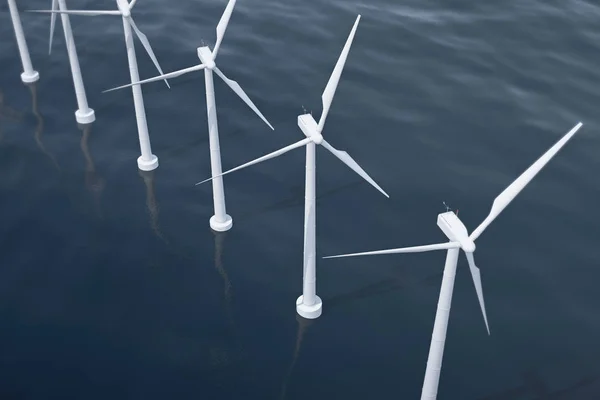 Offshore aerial view of wind turbines in the sea. Clean energy, ecological concept. 3d rendering — Stock Photo, Image