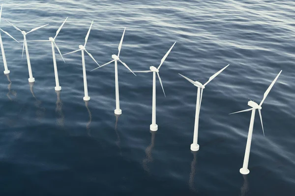 Offshore aerial view of wind turbines in the sea. Clean energy, ecological concept. 3d rendering — Stock Photo, Image