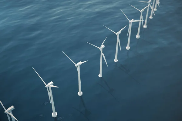 Offshore aerial view of wind turbines in the sea. Clean energy, ecological concept. 3d rendering — Stock Photo, Image