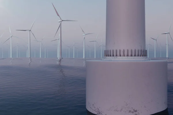 Λευκό ανεμογεννήτριες παραγωγής ηλεκτρικής ενέργειας στη θάλασσα, στον ωκεανό. Καθαρή ενέργεια, αιολική ενέργεια, οικολογική αντίληψη. 3D rendering — Φωτογραφία Αρχείου
