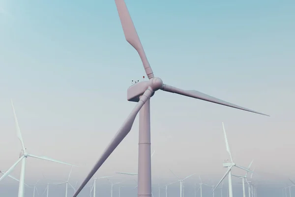 White wind turbines generating electricity in sea, ocean. Clean energy, wind energy, ecological concept. 3d rendering — Stock Photo, Image