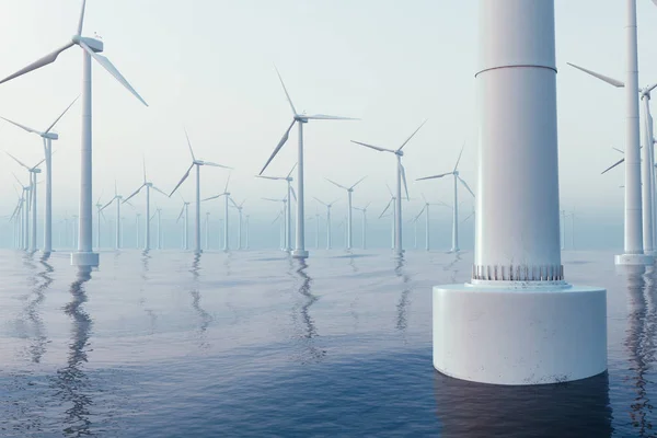 Güzel Rüzgar türbinleri deniz, okyanus. Temiz enerji, Rüzgar enerjisi, ekolojik kavram. 3D render — Stok fotoğraf