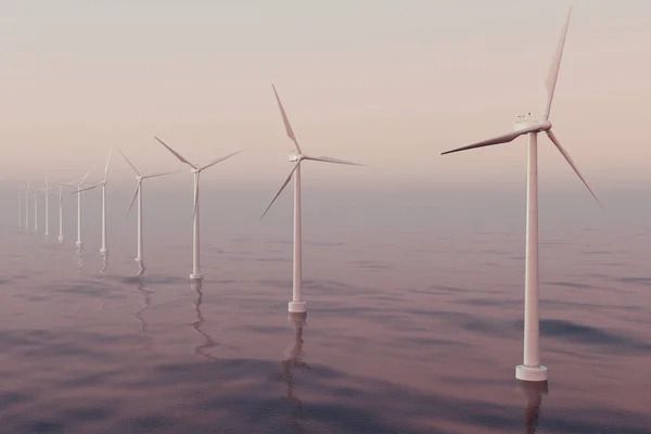 Güzel Rüzgar türbinleri deniz, okyanus. Temiz enerji, Rüzgar enerjisi, ekolojik kavram. 3D render — Stok fotoğraf