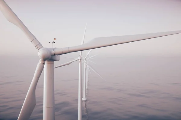 Sunset wind turbines in sea, ocean. Clean energy, wind energy, ecological concept. 3d rendering