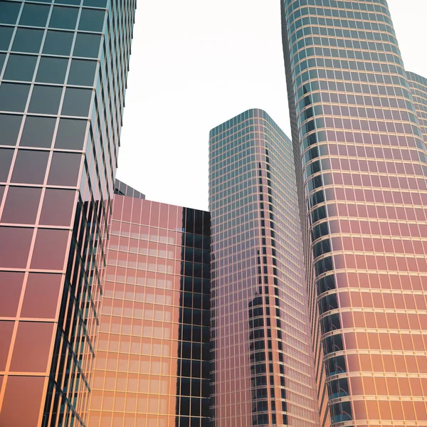 Bottom view of modern skyscrapers in business district in evening light at sunset. Industrial architecture, business construction and estate financial concept. 3d rendering — Stock Photo, Image