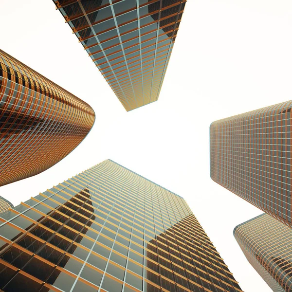 Undersidan av moderna skyskrapor i affärsdistriktet i kväll ljus i solnedgången. Industriell arkitektur, business konstruktion och estate finansiella begrepp. 3D-rendering — Stockfoto