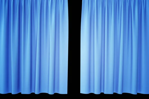 Open blauwe zijden gordijnen voor theater en cinema met een zwarte achtergrond. 3D-rendering — Stockfoto