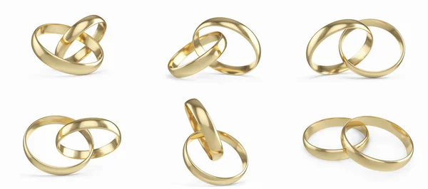 Свадебные золотые кольца набор, коллекция изолированы на белом фоне. 3d-рендеринг — стоковое фото