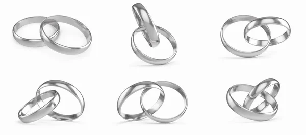 Γάμου ασημένια δαχτυλίδια σύνολο, συλλογή που απομονώνονται σε λευκό φόντο. 3D rendering — Φωτογραφία Αρχείου