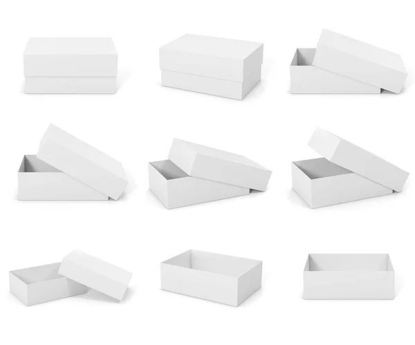 Boîtes à maquettes blanches, boîtes carrées isolées sur fond blanc. Boîtes ouvertes et fermées. Boîtes pour votre projet de design. Rendu 3d — Photo