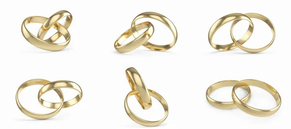 Wedding gold rings set, collection isolated on white background. 3d rendering — Stock Photo, Image