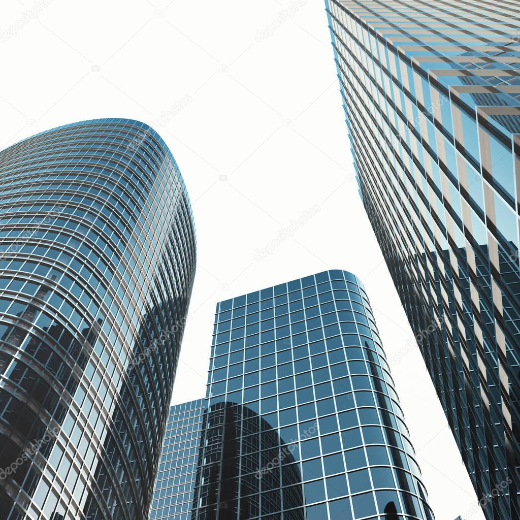 Modern high rise tall glass reflective skyscrapers in city downtown district. Business construction and estate financial concept. 3d rendering