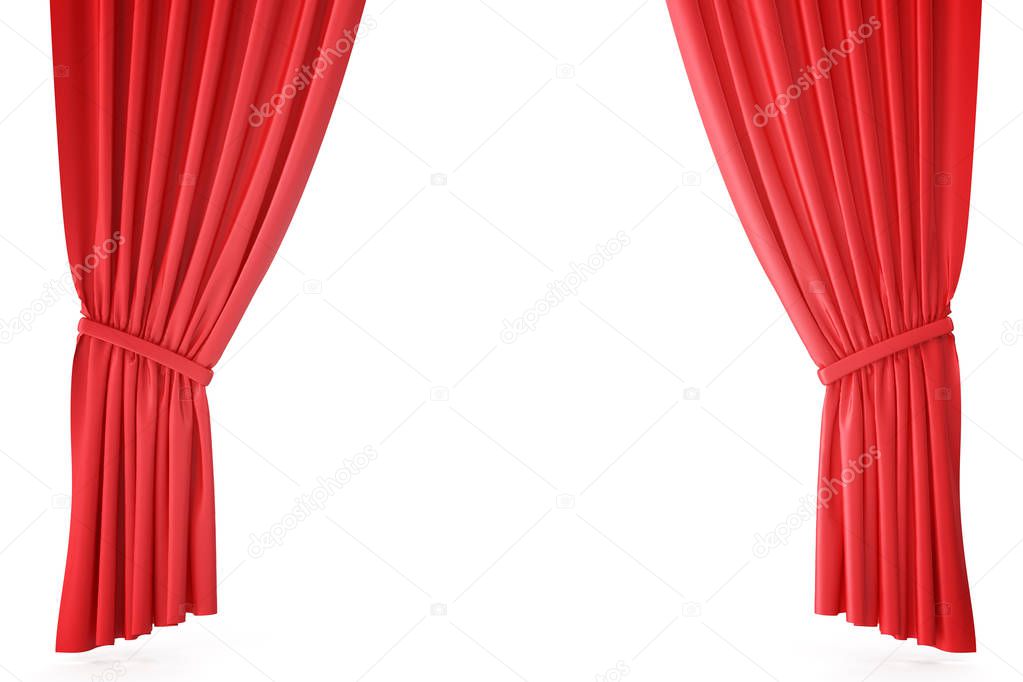 Red velvet stage curtains, scarlet theatre drapery. Silk classical curtains, red theater curtain. 3d rendering