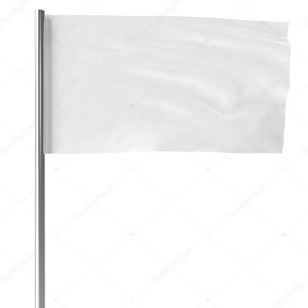 White on flagpole flying in the wind empty mock-up flag isolated. 3d rendering