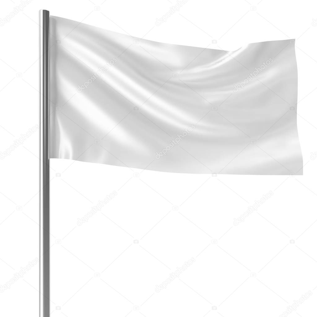 White flag on flagpole flying in the wind empty mock-up, flag isolated on white background. Blank Mock-up for your design projects. 3d rendering