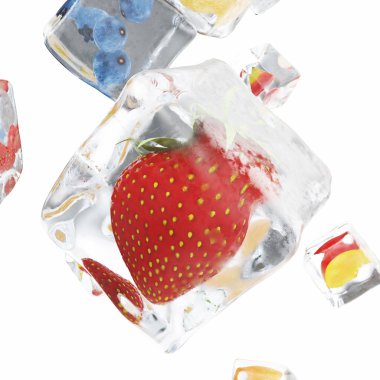 Ice cube, Ice cube ön görünümü, beyaz arka plan üzerinde izole tek Ice cube dondurulmuş meyve. 3D render