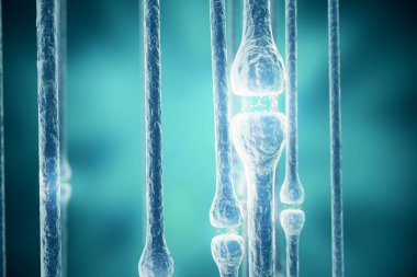 SYNAPSE ve elektrik kimyasal sinyal göndererek nöron hücreleri. 3D render