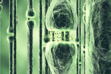 SYNAPSE ve elektrik kimyasal sinyal göndererek nöron hücreleri. 3D render