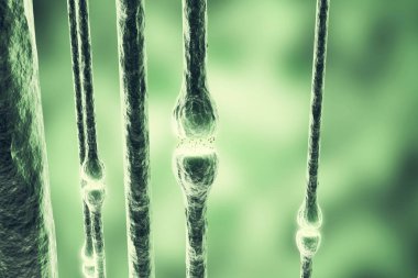 Mavi arka plan kafasına nöronlar iletim sinyalleri. Sinaps, 3d render