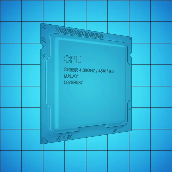 CPU impressão azul, ilustração linha fina, símbolo contorno preto no fundo azul, 3D renderização — Fotografia de Stock