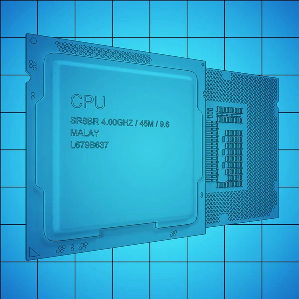 Bplueprint CPU on grid, black outline, 3d rendering — стоковое фото