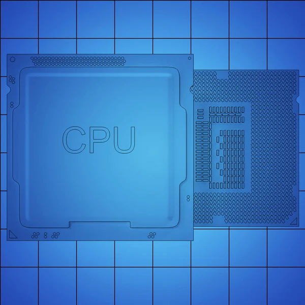 Mavi baskı, kavram işlemci birimi Cpu, 3d render çalışan mühendis — Stok fotoğraf
