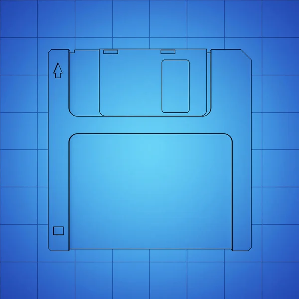 Diskette blauwe print, dunne lijn illustratie, zwarte overzichtssymbool op blauwe achtergrond, 3D-rendering — Stockfoto