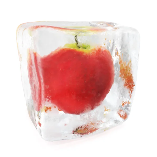 Apple beku dalam es batu. Es batu di depan tampilan, es batu tunggal terisolasi pada latar belakang putih. Rendering 3d — Stok Foto