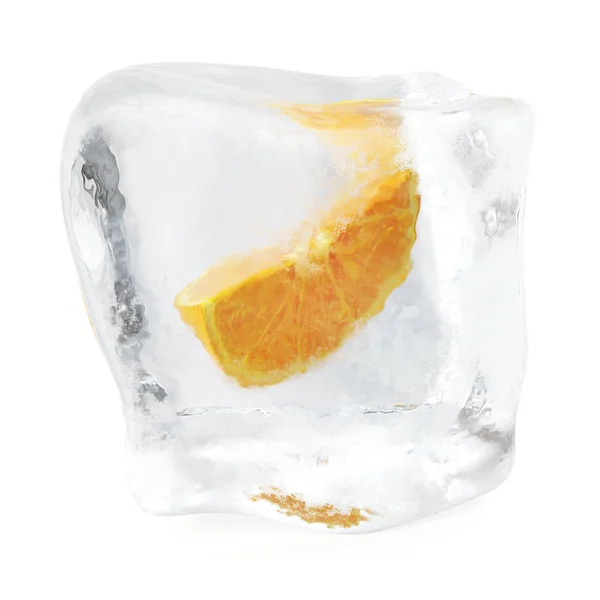 Fetta d'arancia congelata nel cubetto di ghiaccio. Cubo di ghiaccio in vista frontale, singolo cubetto di ghiaccio isolato su sfondo bianco. rendering 3d — Foto Stock