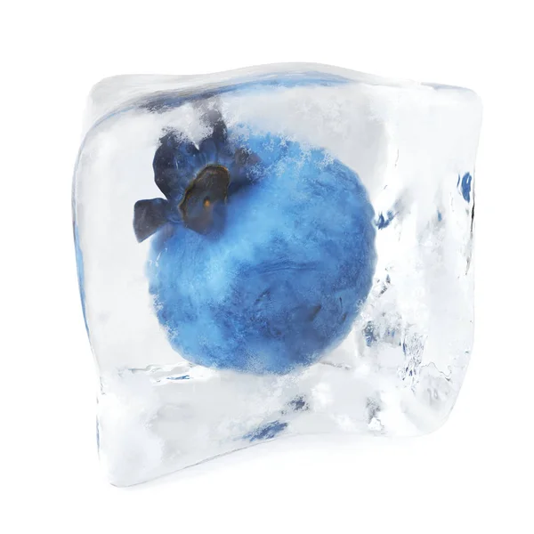 蓝莓冻在冰块，冰块在前面视图中，孤立的白色背景上的单冰多维数据集。3d 渲染 — 图库照片