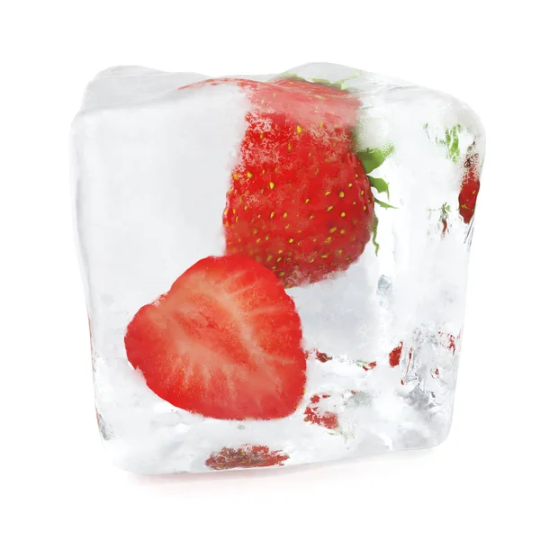 Two Strawberries frozen in ice cube, ice cube in front view, single ice cube isolated on white background. 3d rendering — Stock Photo, Image
