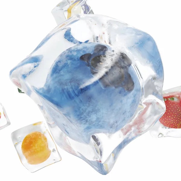 Frutta congelata in cubetto di ghiaccio, cubetto di ghiaccio in vista frontale, singolo cubetto di ghiaccio isolato su fondo bianco. rendering 3d — Foto Stock