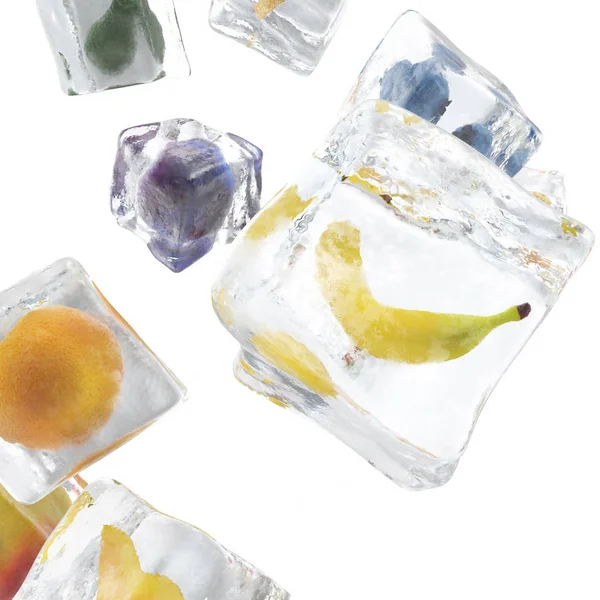 Frutas congeladas en cubitos de hielo, cubitos de hielo a la vista, cubitos de hielo aislados sobre fondo blanco. renderizado 3d — Foto de Stock