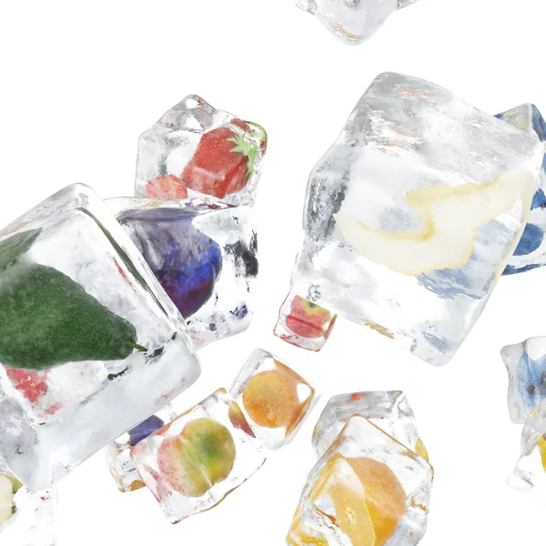 Frutas congeladas en cubitos de hielo, cubitos de hielo a la vista, cubitos de hielo aislados sobre fondo blanco. renderizado 3d — Foto de Stock