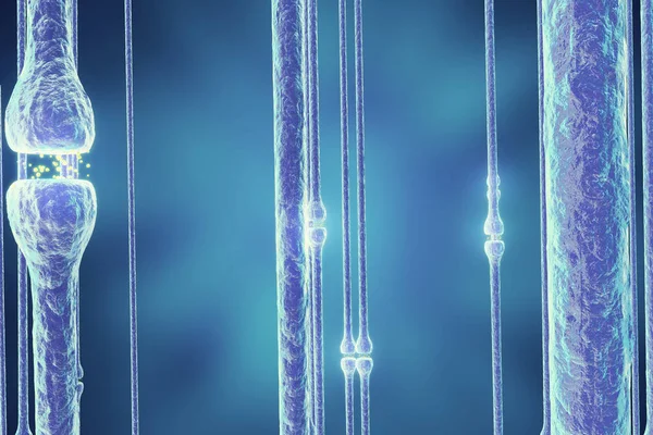 Νευρώνες μετάδοση σημάτων στο κεφάλι σε μπλε φόντο. Συνάψεων, 3d rendering — Φωτογραφία Αρχείου