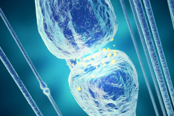 Señales de transmisión de neuronas en la cabeza sobre fondo azul. Sinapsis, representación 3d — Foto de Stock