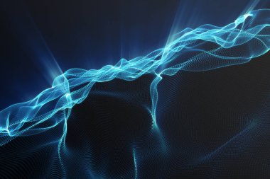 Arka plan manzara. Siber yatay kılavuz. 3D teknolojisi. Soyut manzara siyah zemin ışık ışınları üzerine. 3D render