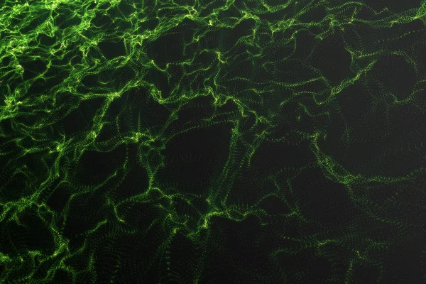 Krajobraz tła. Cyberprzestrzeni krajobraz siatki. Technologia 3D. Abstrakcja zielony krajobraz na czarnym tle z promieni świetlnych. renderowania 3D — Zdjęcie stockowe