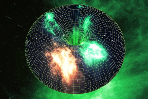 Warp túnel velocidade abstrata no espaço, wormhole ou buraco negro, cena de superar o espaço temporário no cosmos. Renderização 3d — Fotografia de Stock