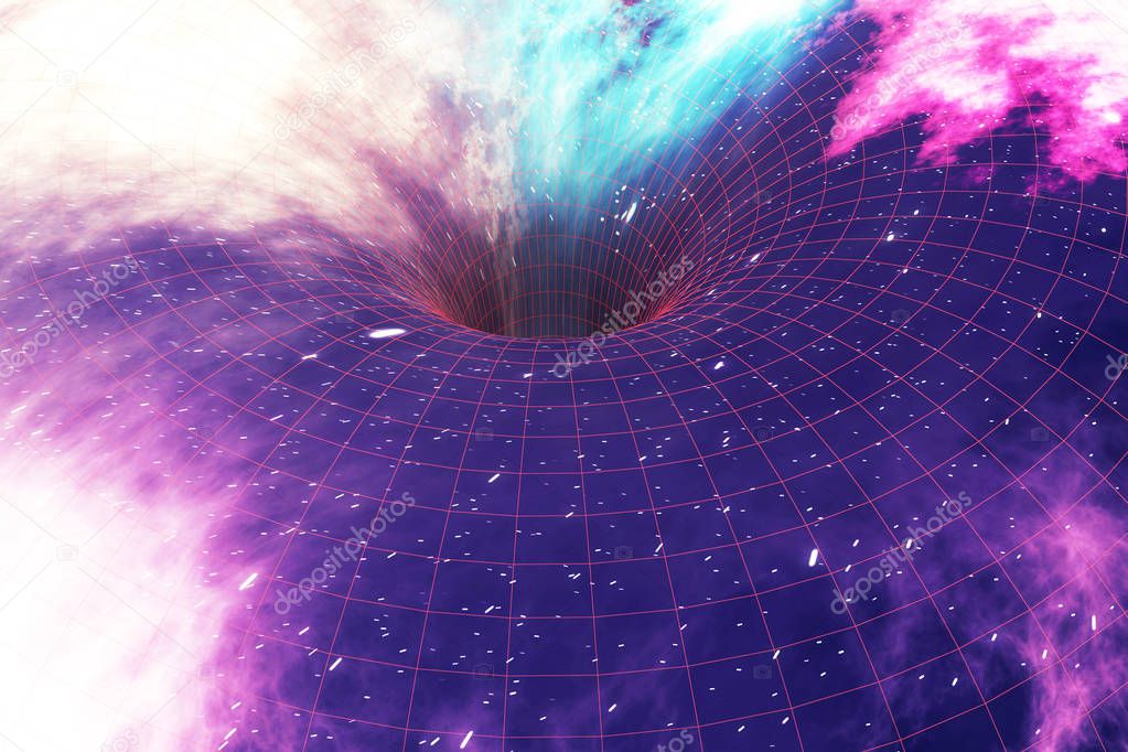 Glowing wormhole in space, interstellar warp, traveling trough space and time. 3d rendering