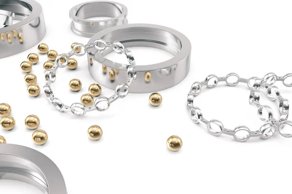 Silver and gold balls bearings on a white background, 3d rendering — Stock Photo, Image