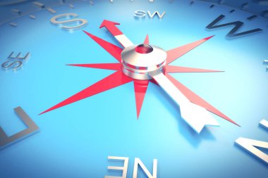 Gümüş pusula windrose, Dof etkisi ile pusula yakın çekim arması ile. 3D render