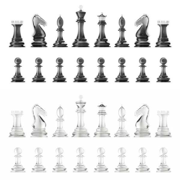 Transparent uppsättning ikoner schack, isolerade på vit bakgrund, intelligent spel, 3d-rendering — Stockfoto