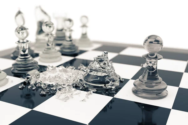 Шахові ігри, перемога, успіх у конкуренції, лідерство в бізнесі, прозорі пішаки на білому тлі, 3d рендеринг — стокове фото
