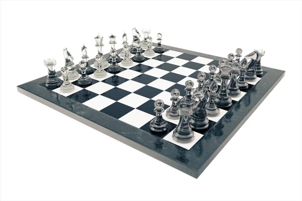 Chess set, seger, genomskinligt glas figurer, på ett schackbräde, 3d-rendering — Stockfoto